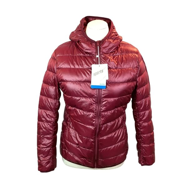 Zity Sports Hooded Womens Large Ultra-Light Down Puffer Jacket Burgundy Nylon - Picture 3 of 13